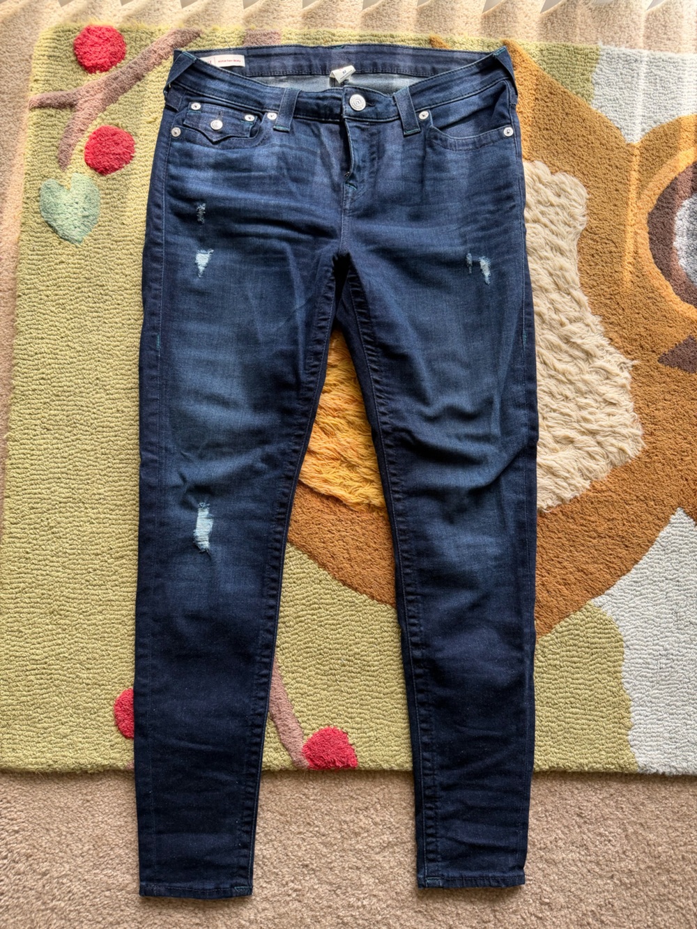 True Religion Dark Blue Women's Skinny Jeans - Distressed Stretch Denim